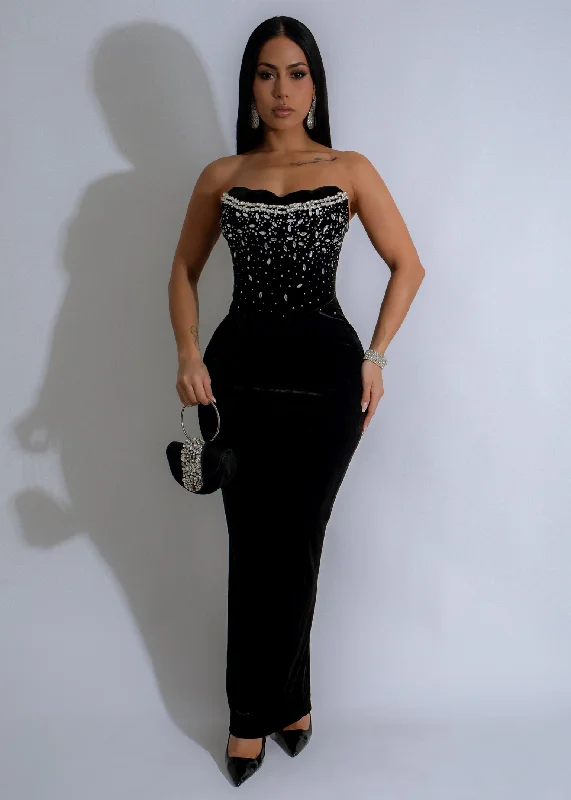 Eternal Night Velvet Rhinestone Maxi Dress Black Comfortable Plunging Neckline Maxi Dress