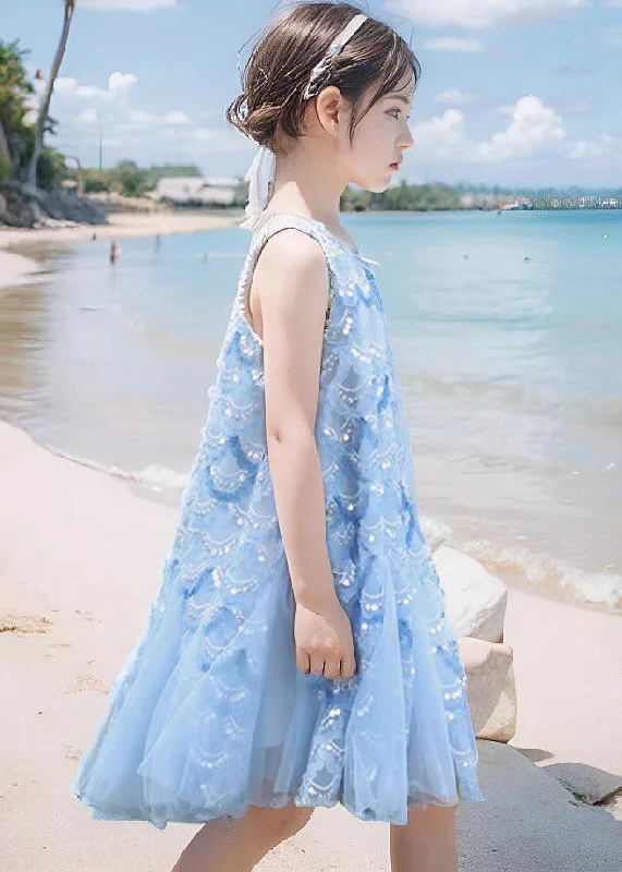 Fine Blue O-Neck Sequins Tulle Girls Maxi Dress Sleeveless EW003 Elegant Velvet Maxi Dress