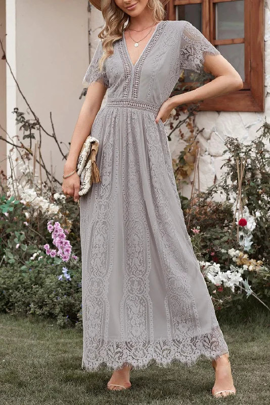 Serenity Sky Lace-Inspired Maxi Dress Trendy Short Sleeve Maxi Dress