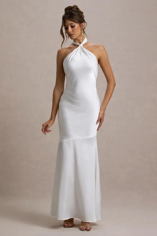 Knox | White Satin Knot Halter-Neck Maxi Dress Stylish Pleated A-Line Maxi Dress