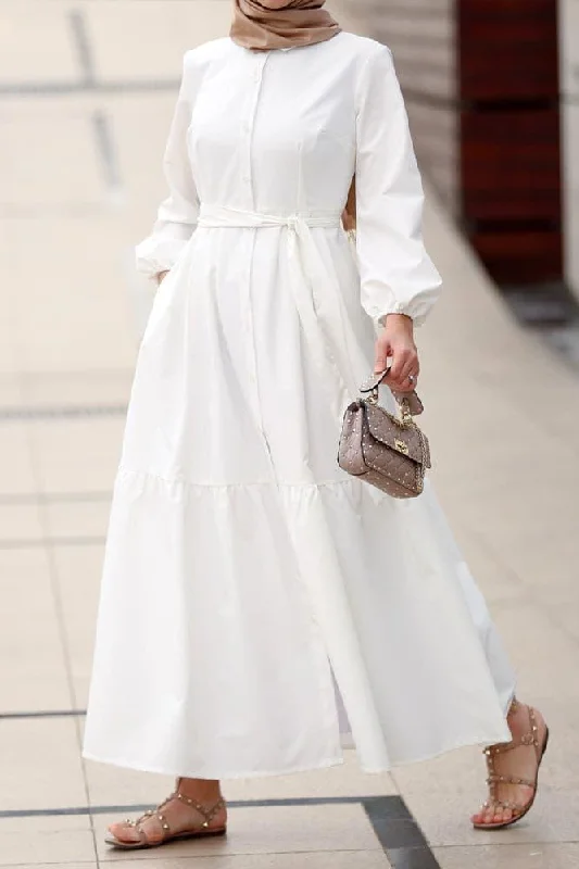 Livela collar neck button through tiered maxi dress with a detachable belt in white Fashionable High-Waist Maxi Dress