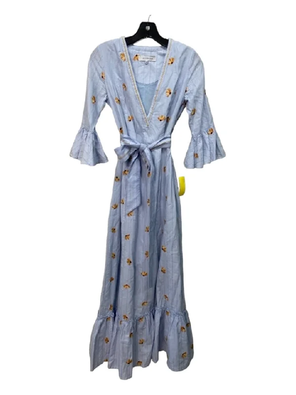 Lug Von Siga Size 36 Blue & Yellow Cotton Floral Embroidered V Neck Maxi Dress Chic Sleeveless Maxi Dress