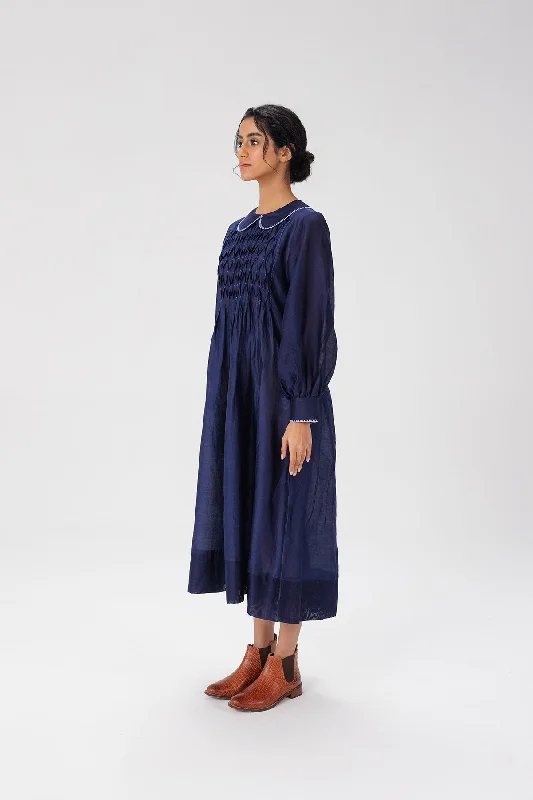 Navy Blue Smocked Maxi Dress Cozy Maxi Dress with Slit