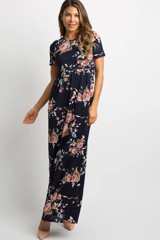 Navy Blue Rose Print Short Sleeve Maxi Dress Comfortable Cotton Maxi Dress