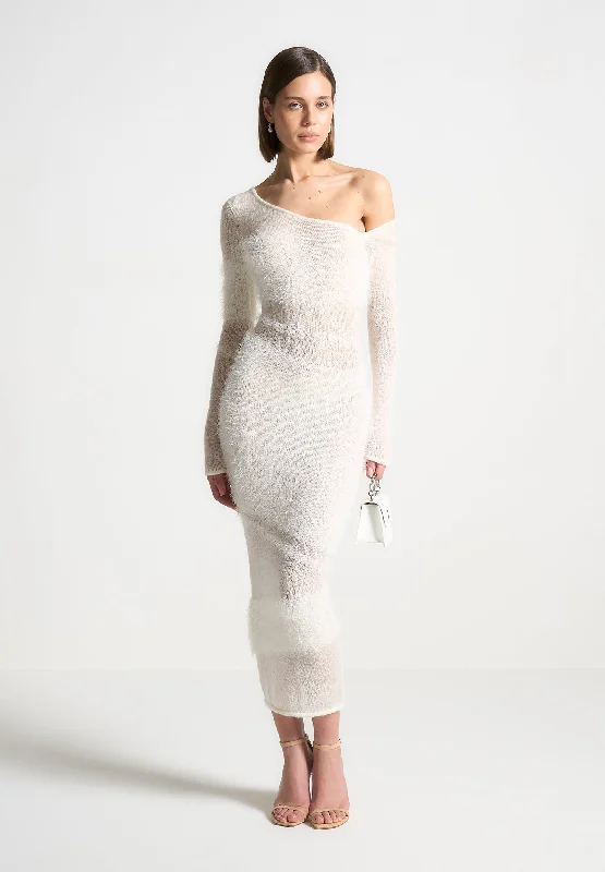 Off Shoulder Knitted Maxi Dress - Off White Stylish Long Sleeve Maxi Dress