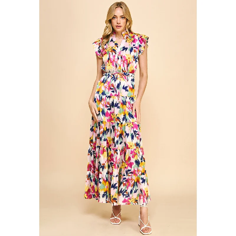 Pinch - Print Satin Tiered Maxi Dress - White Multi Cozy Longline Maxi Dress