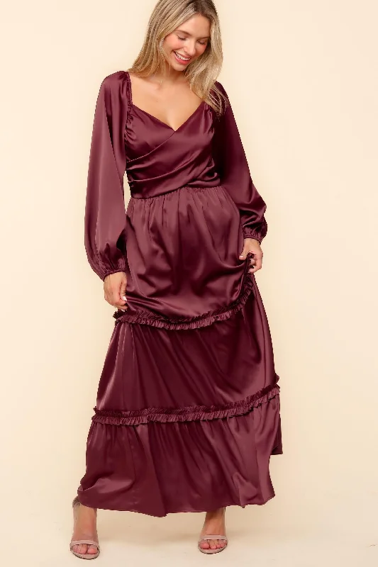 PLUS SATIN FRONT OVERLAP SMOCKED BACK MAXI DRESS Cozy Ribbed Maxi Dress