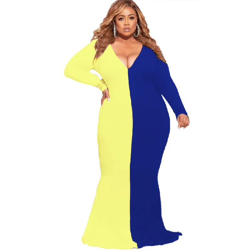 Plus Size Plus Size Color Contrast Patchwork V-neck Slim-Fit Long Sleeve Women Maxi Dress Fashionable Open-Back Maxi Dress