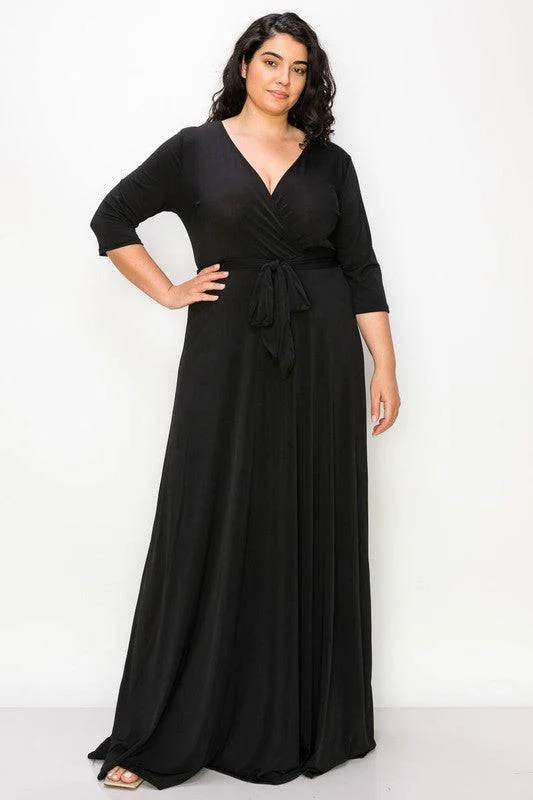 Plus Solid Black V Neck Maxi Dress with Belt Stylish One-Shoulder Maxi Dress