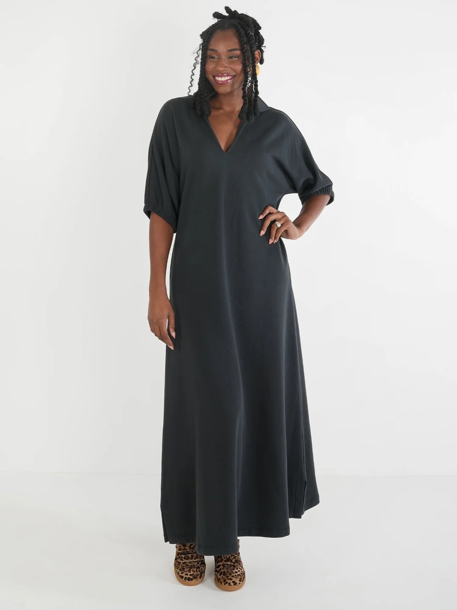 Poppy Maxi Dress - Black French Terry Cozy Knitted Maxi Dress