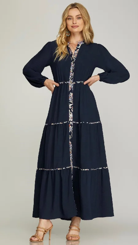 Printed Trim Long Sleeve Maxi Dress Fashionable Layered Maxi Dress