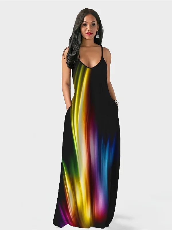 Rainbow Print Spaghetti Casual Sleeveless Loose Maxi Dress Fashionable Off-Shoulder Maxi Dress