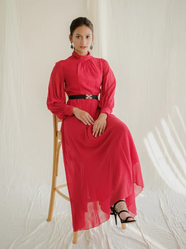 Vintage Chiffon Red Cuff Sleeve Maxi Dress Classic A-Line Maxi Dress