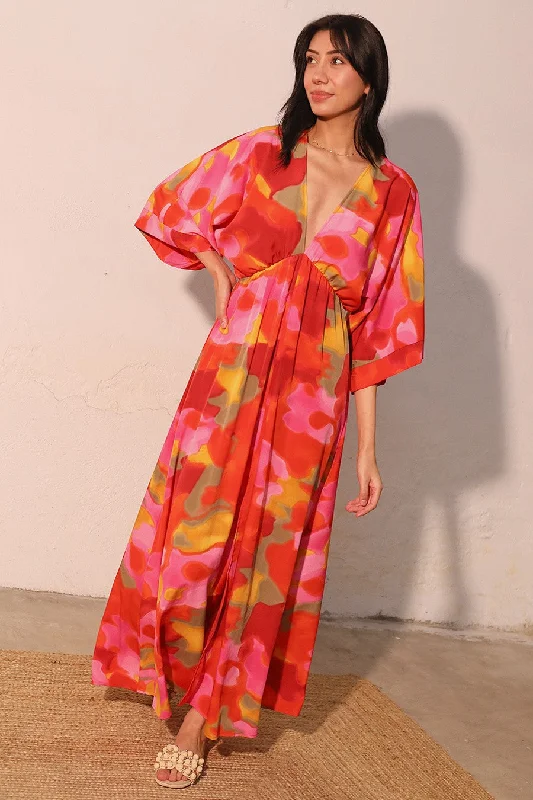 Red Malibu Sunset Kimono Maxi Dress Chic Summer Floral Maxi Dress