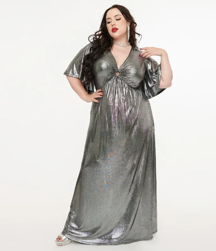 Smak Parlour Plus Size 1970s Metallic Silver Cutout Maxi Dress Stylish Maxi Dress with Pleats