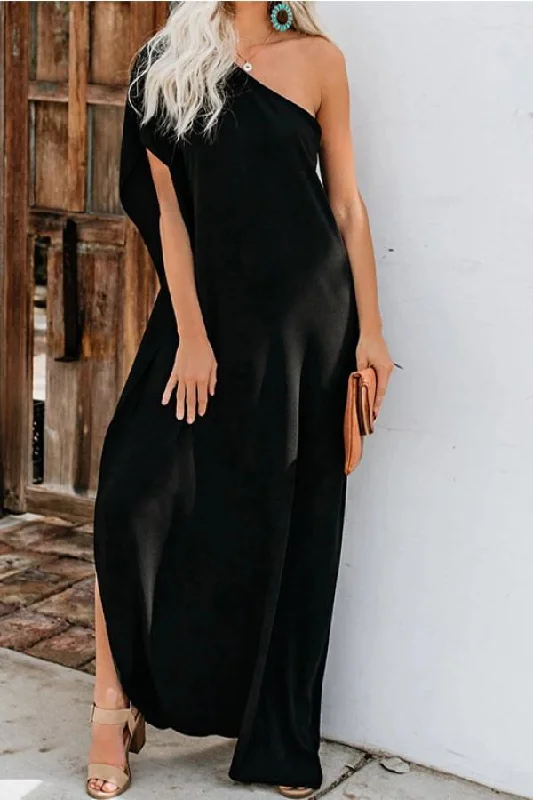 Solid One-shoulder Slit Maxi Dress Stylish Off-Shoulder Maxi Dress