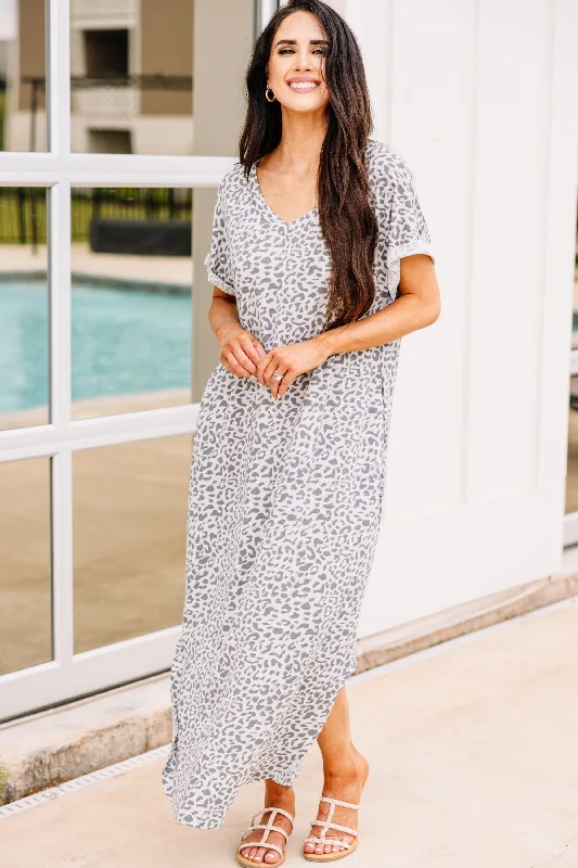 Stay Strong Gray Leopard Maxi Dress Comfortable Plunging Neckline Maxi Dress