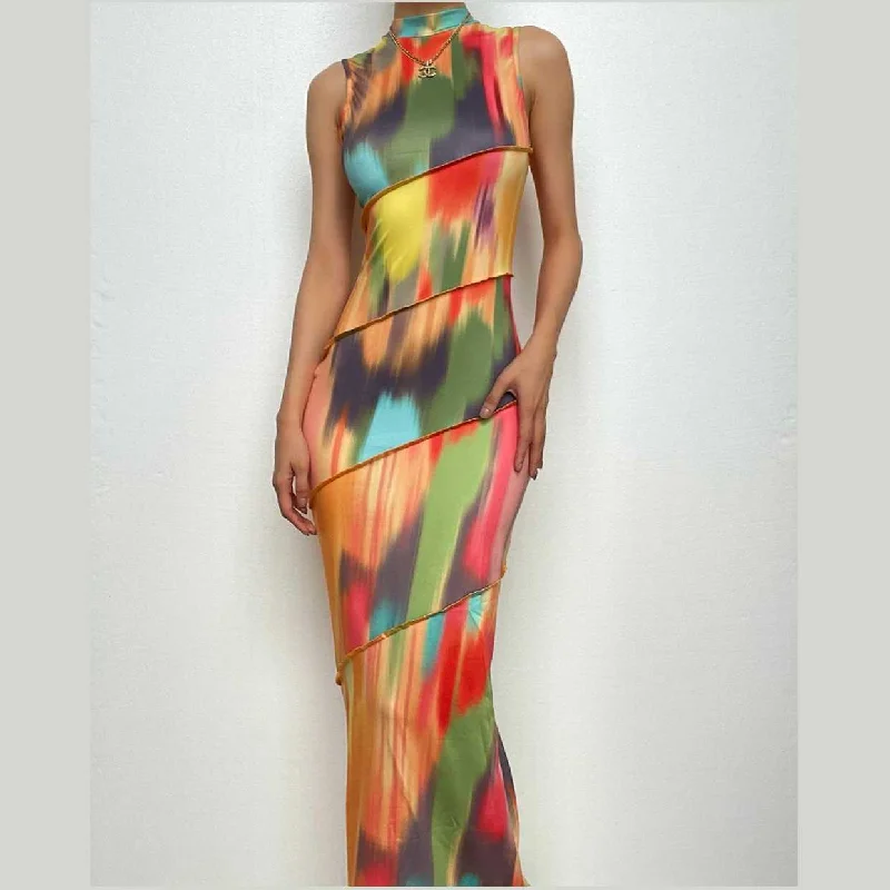 Stitch sleeveless contrast high neck maxi dress Elegant Silk Maxi Dress