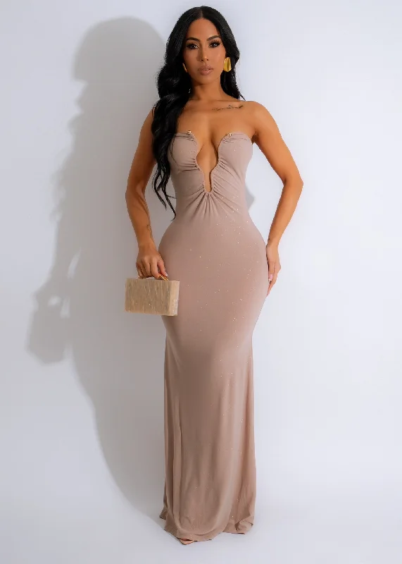 This Far Glitter Ruched Maxi Dress Nude Comfortable Fit-and-Flare Maxi Dress