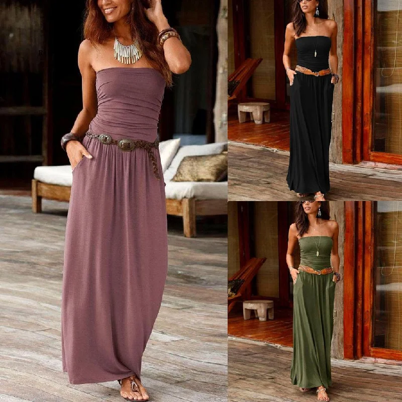 REBICOO Cute Tube Top Maxi Dress Classic Solid Maxi Dress