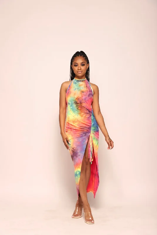 🌈 Tye Dye Halter Maxi Dress 🌈 Stylish Maxi Dress with Frills