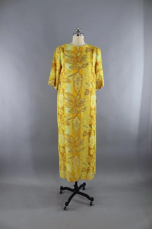 Vintage Golden Yellow Floral Print Maxi Dress Comfortable Pleated Maxi Dress