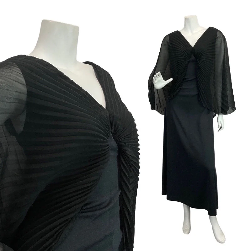 VINTAGE 60s 70s BLACK PLEATED CAPE SLEEVE EVENING ELEGANT GOWN MAXI DRESS 10 12 Chic Summer Floral Maxi Dress