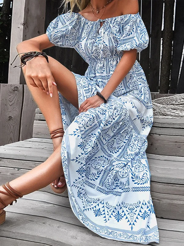 Vintage Floral Print Maxi Dresses for Women Casual Slash Neck Short Sleeve Summer Dress Cozy Wrap Maxi Dress