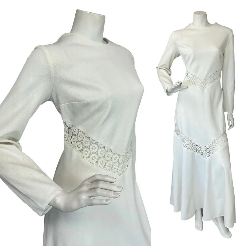 VTG 70S BOHO HIPPY WHITE LACE BRIDAL LONG SLEEVE MAXI DRESS 10 12 Fashionable Off-Shoulder Maxi Dress