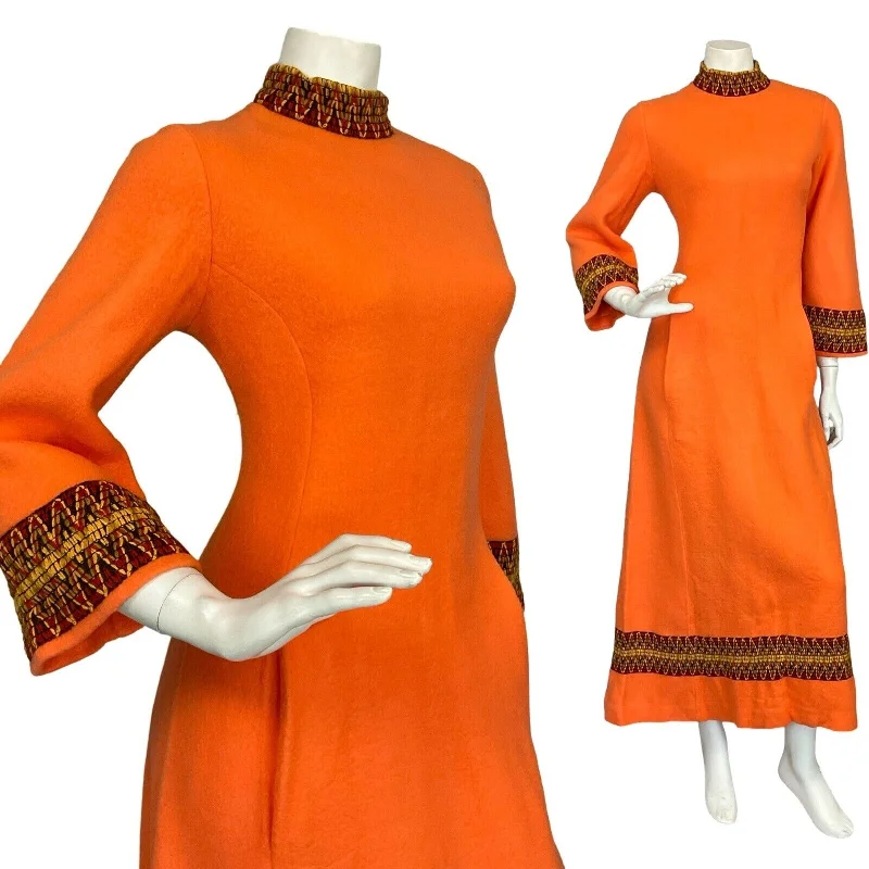 VTG 70S ORANGE BROWN ZIG ZAG HIPPY BOHO SOFT FELT BELL SLEEVE MAXI DRESS 10 Comfortable Plunging Neckline Maxi Dress