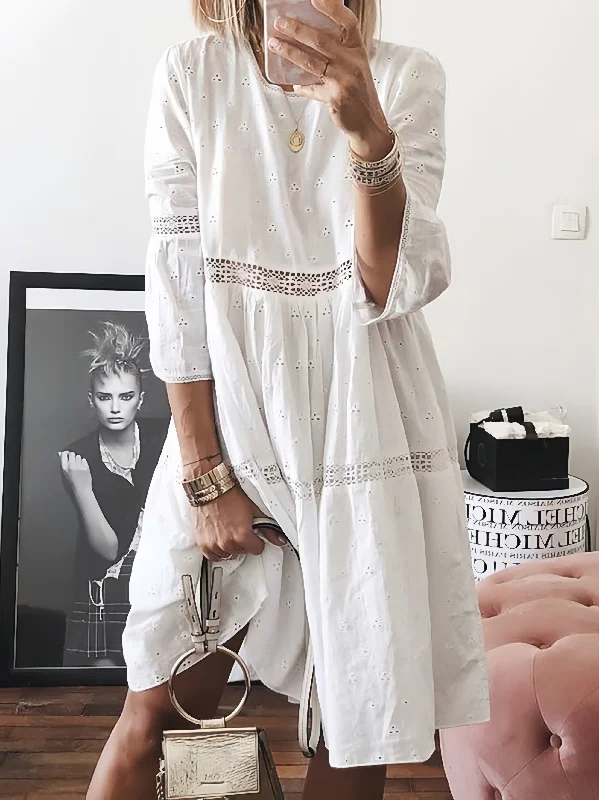 White Lace Long Sleeve Hollow Maxi Dress Cozy Knitted Maxi Dress