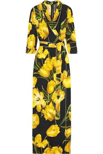 Wrap-effect floral-print crepe maxi dress Elegant Maxi Dress with Drapes