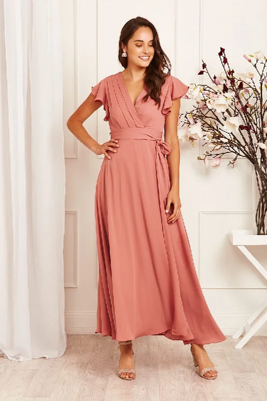 Wynter Maxi Dress in Dusty Rose Chiffon Fashionable Faux Wrap Maxi Dress