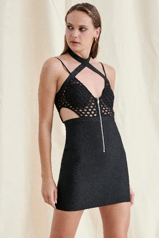 BLACK MESH MINI DRESS Trendy Button-Detail Mini Dress