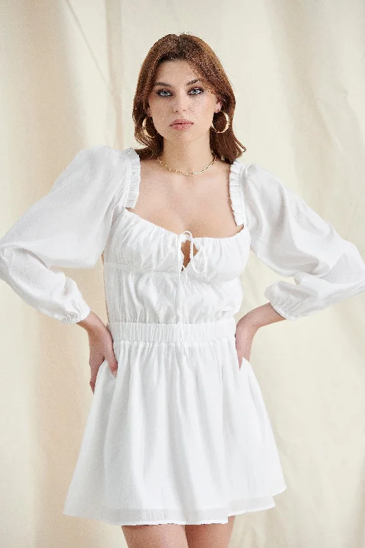 WHITE PUFF SLEEVE LACE UP MINI DRESS Trendy Camisole Mini Dress