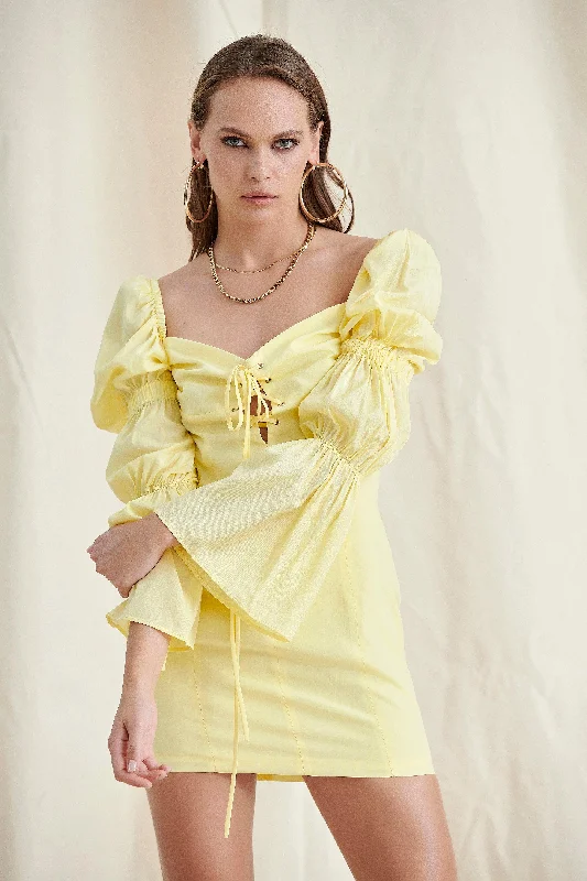 YELLOW LACE UP PUFF SLEEVE MINI DRESS Cozy T-Shirt Mini Dress