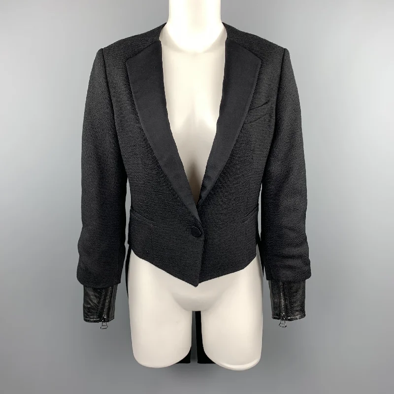 3.1 PHILLIP LIM Size XS Black Woven Tuxedo Lapel Leather Cuff Tails Jacket Collared Jacket Crew Neck Jacket Turtle Neck Jacket