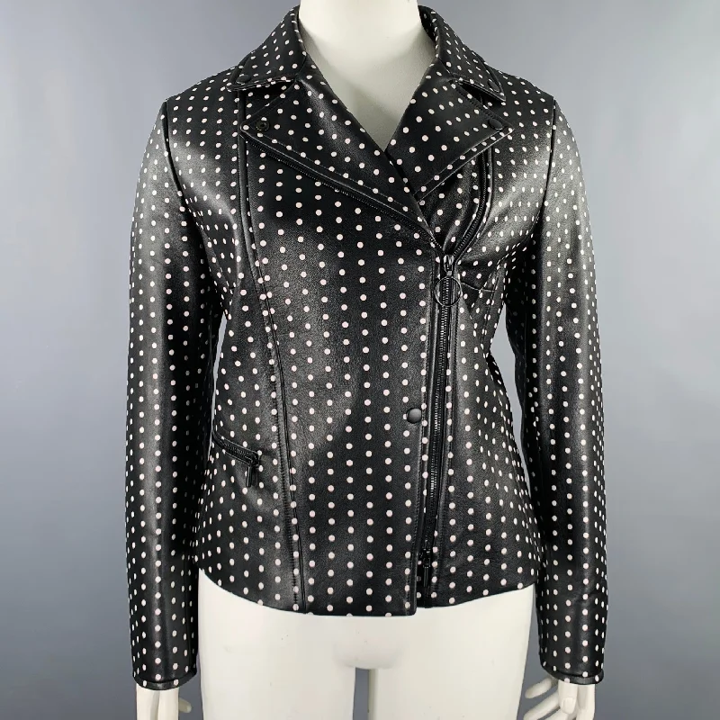 AKRIS Size 14 Black White Leather Polka Dot Lambskin Biker Jacket Fitted Jacket Loose Jacket Oversized Jacket