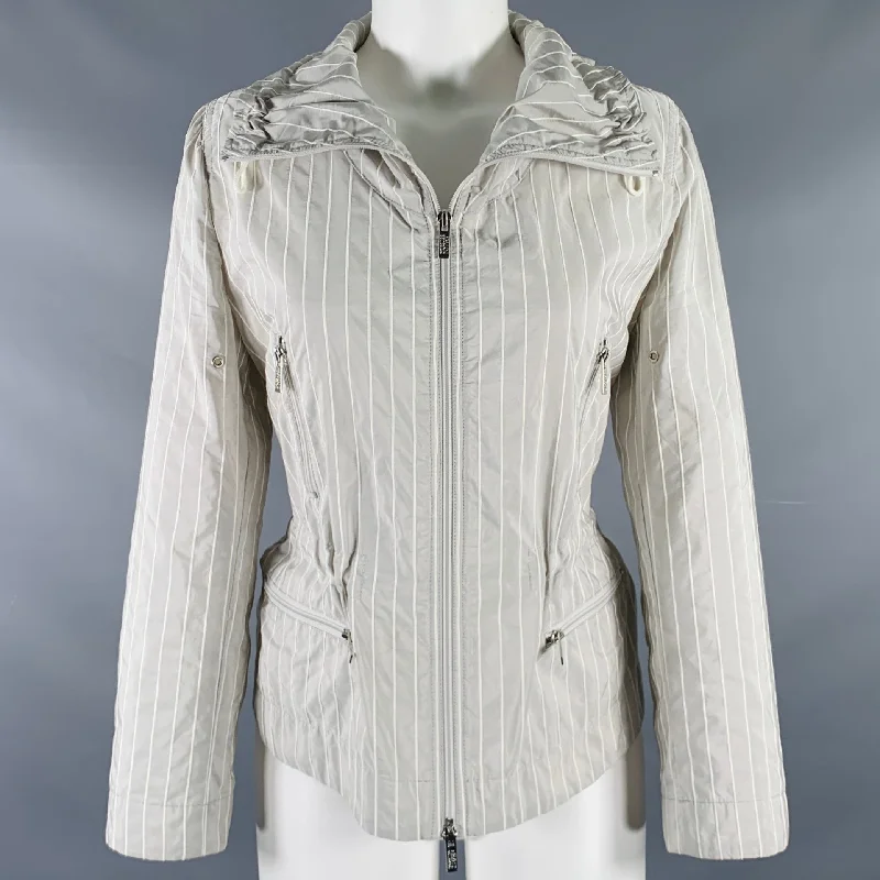 ARMANI COLLEZIONI Size 6 Grey White Polyester Blend Stripe Jacket Wool Jacket Cashmere Jacket Tweed Jacket