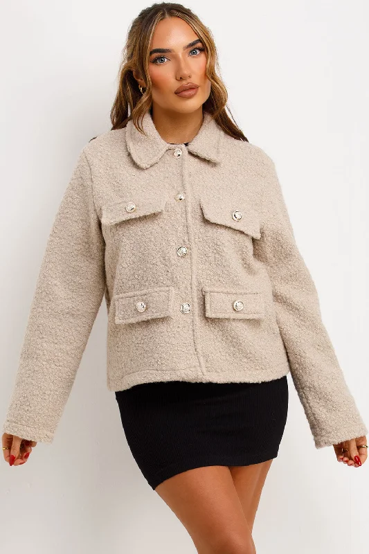 Beige Boucle Jacket Whit Gold Buttons Satin Jacket Silk Jacket Chiffon Jacket