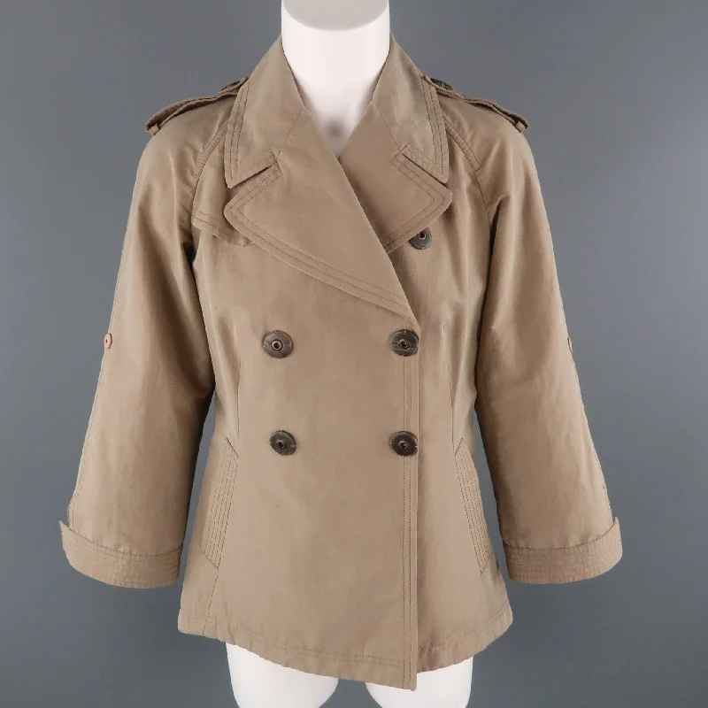 BRUNELLO CUCINELLI Size 4 Khaki Cotton Double Breasted A Line Trench Jacket One-Shoulder Jacket Off-the-Shoulder Jacket Asymmetrical Jacket