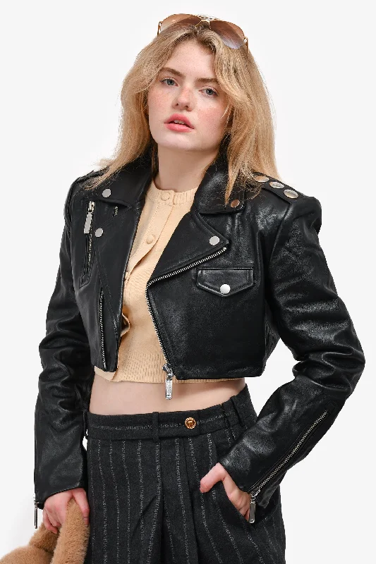 Camila Coelho Black Leather Studded Cropped 'Rowan' Jacket Size M A-Line Jacket Boat Neck Shawl Collar