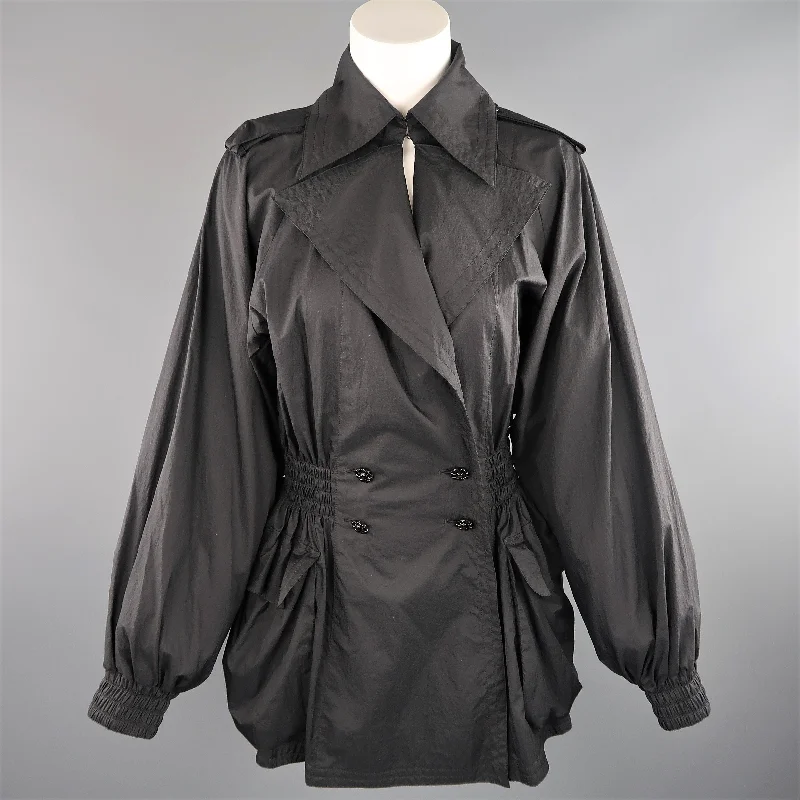 CHANEL Size 6 Black Double Breasted Balloon Sleeve Windbreaker Jacket Cotton Jacket Linen Jacket Terry Jacket