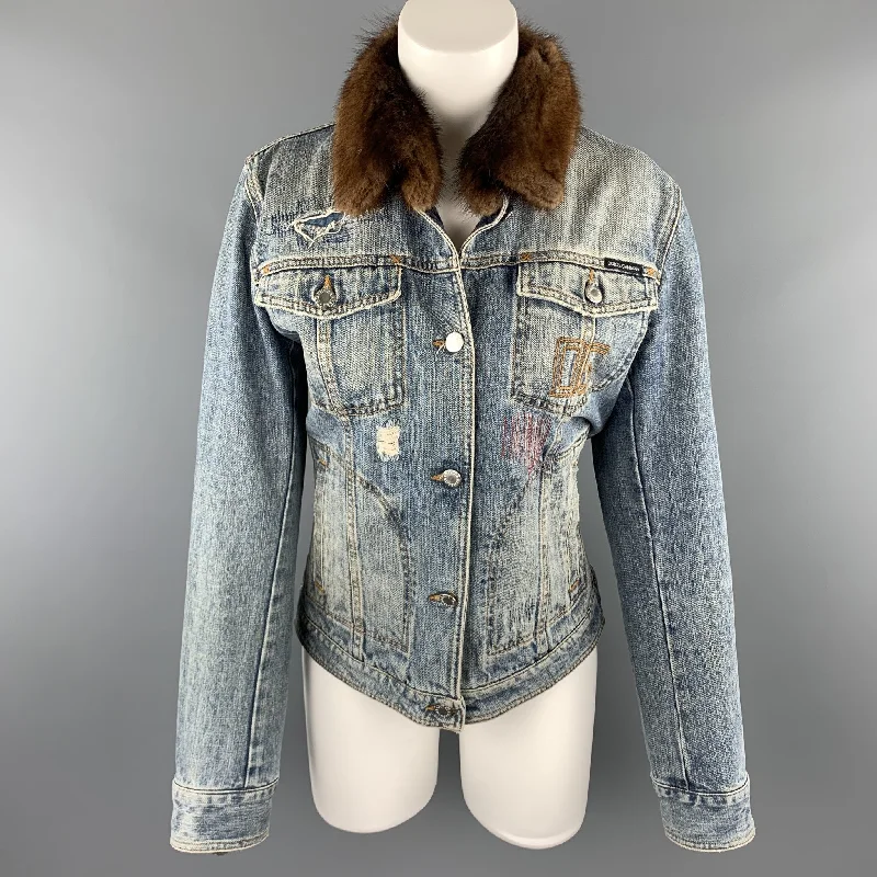 DOLCE & GABBANA Size 10 Blue Denim Fur Collar Trucker Jacket Print Jacket Jacquard Jacket Embroidered Jacket