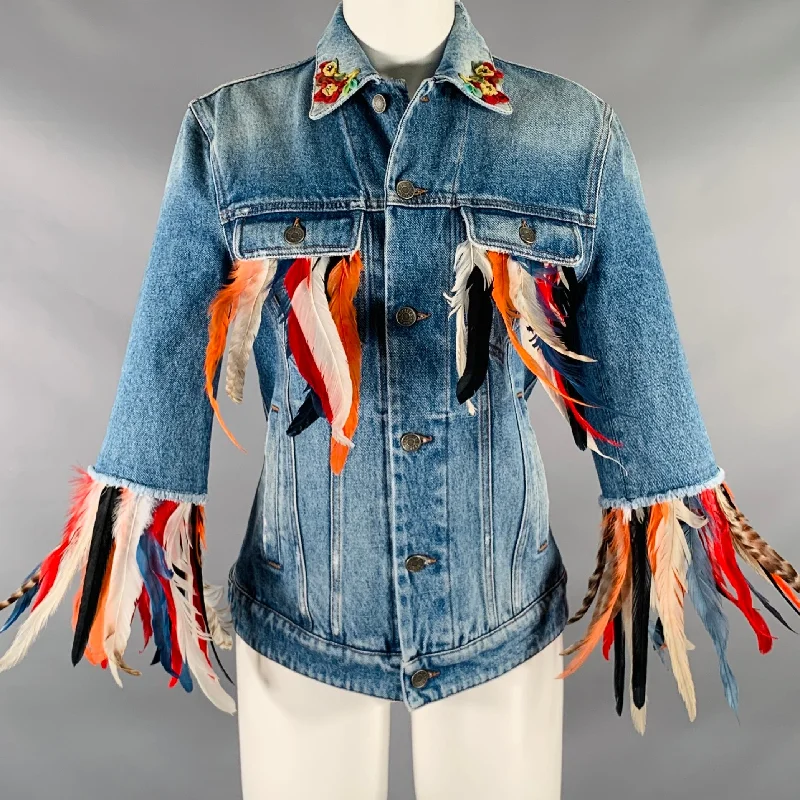 DOLCE & GABBANA Size XS Blue Multi-Color Cotton Feathers Denim Jacket Hooded Jacket Caped Jacket Shawl Collar Jacket