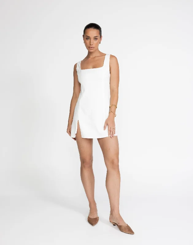 Doris Mini Dress (White) Fashionable Mini Dress with Pockets