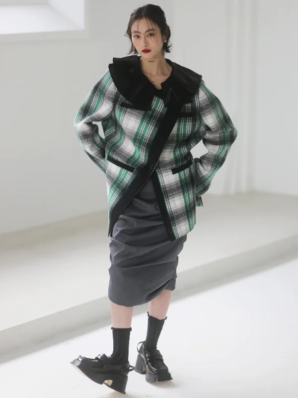 Elegant Plaid Wool Jacket With Lace Collar Belted Jacket Elasticated Jacket Padded Jacket