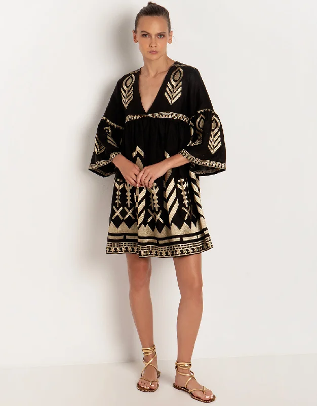 Feathers Mini Dress - Black and Gold Elegant Silk Mini Dress