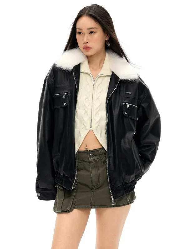 Fur Collar Loose Leather Jacket Toggled Jacket Drawstring Jacket Belted Jacket