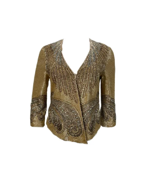 HAUTE HIPPIE Women's Gold V-Neck Jacket #9045 NWT Ribbed Jacket Pleated Jacket Ruffled Jacket